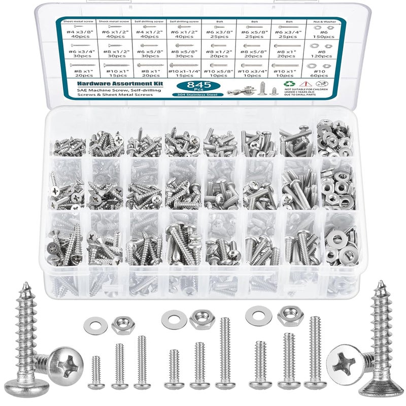 SATANTECH 845pcs Nuts and Bolts Assortment kit,Stainless Steel Bolts and Nuts kit, Assorted Screws #6-32#8-32#10-24 SAE Machine Screws and Nuts with Self Drilling Screws - Image 1